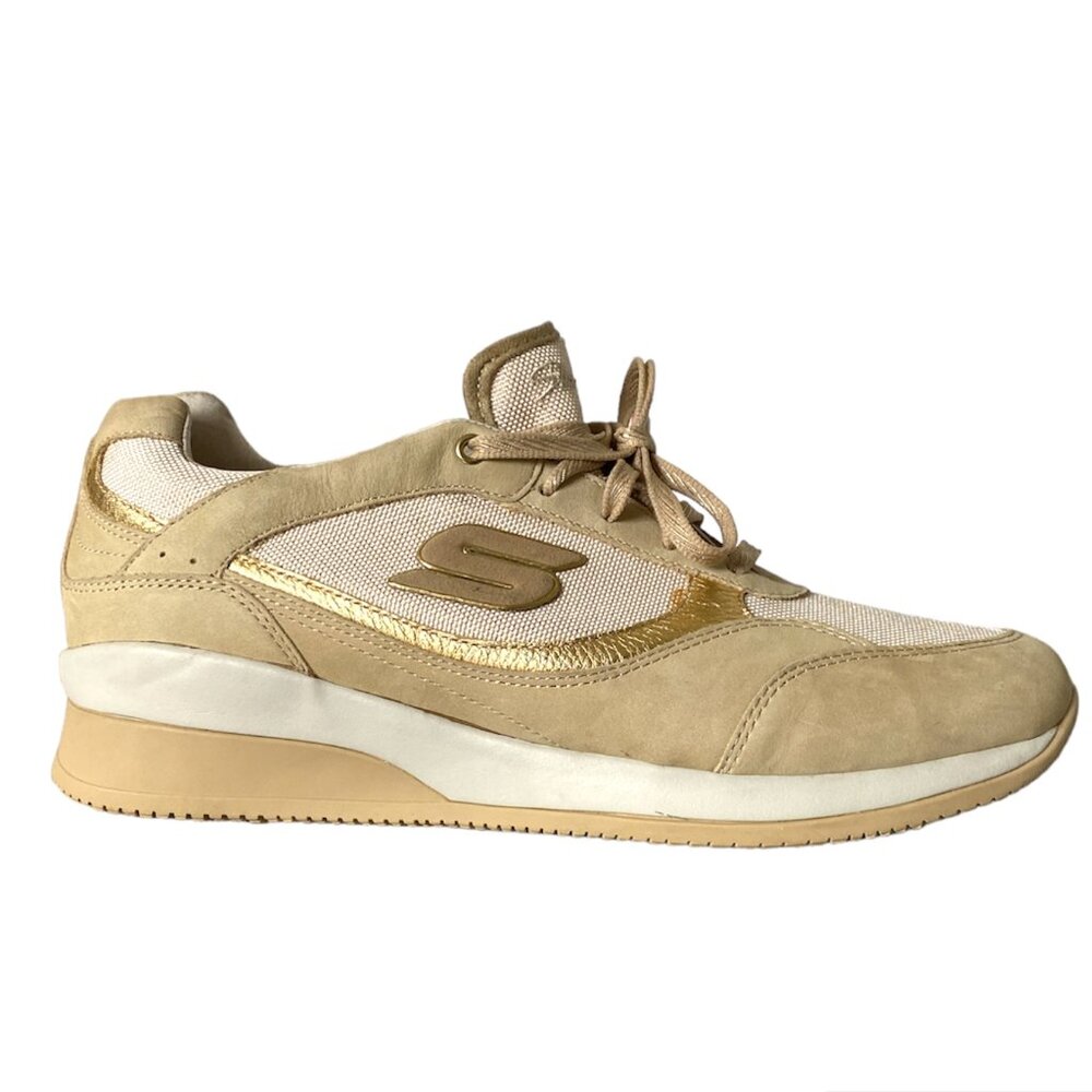 SKECHERS SN 48770 Women's Vita Wedge Fit Lace Up Sneaker Gold Beige SIZE US 11